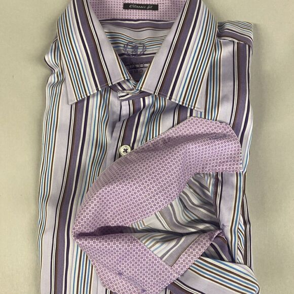 Bugatchi Uomo Mens Purple Stripe Button Up Dress Shirt Large Classic Fit - Picture 1 of 11